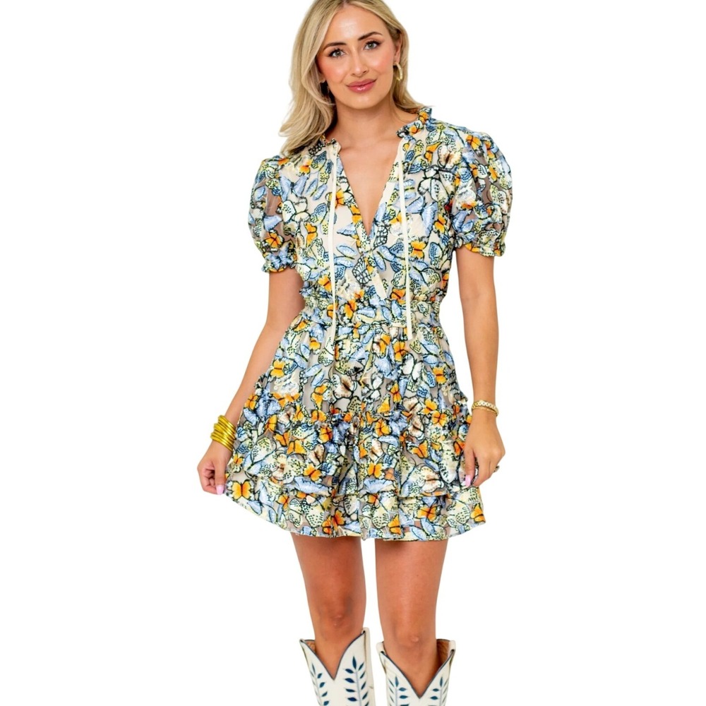 BuddyLove Clementine Meadow Butterfly Embroidered Mini Dress Sz M Puff Sleeve